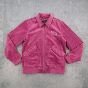 Teddy Fresh Magenta Pink Velour Bomber Jacket Floral Lining Mens Medium Zip Up